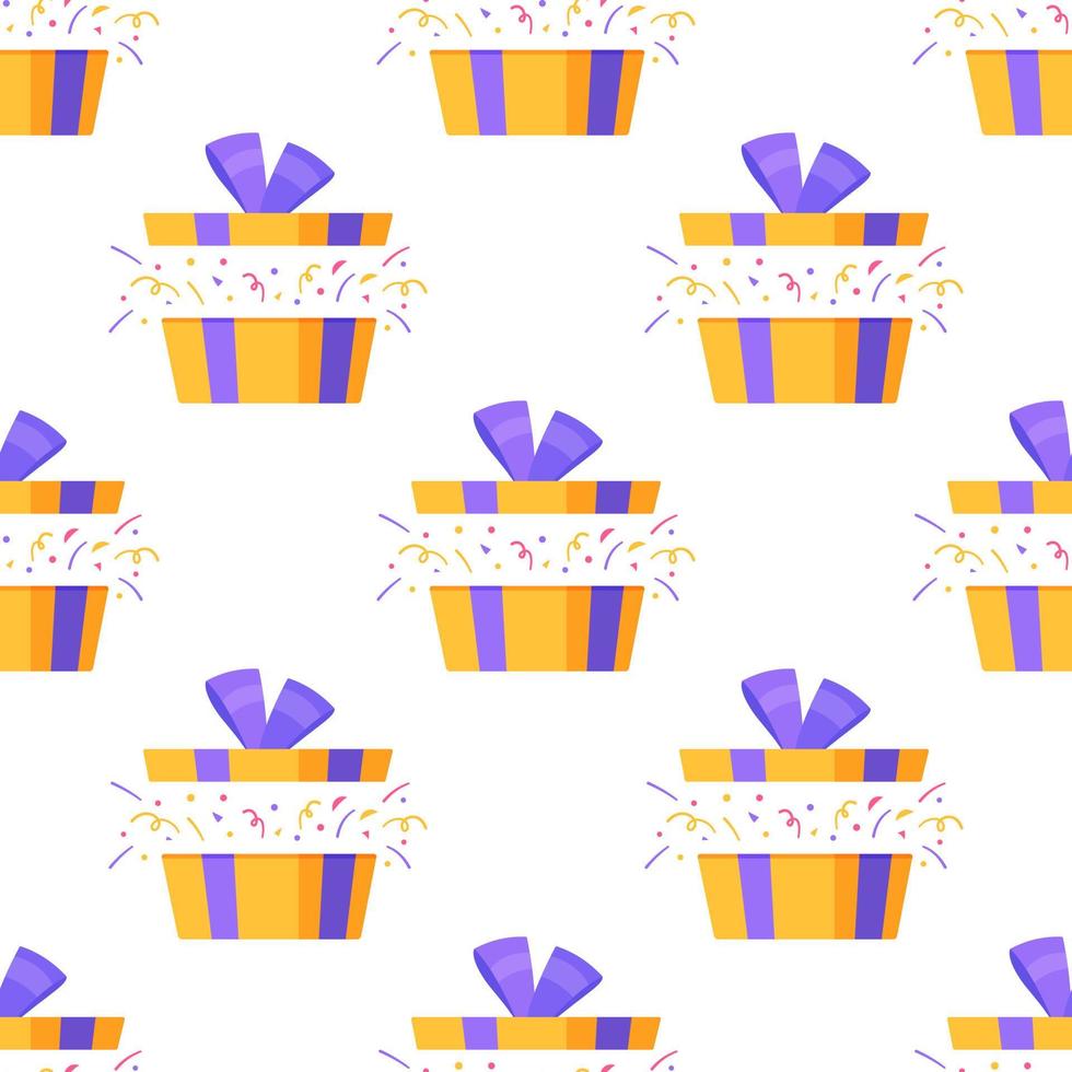 Vector illustration of box confetti pattern. Gift wrapping paper. Seamless drawing of gifts for the New Year.