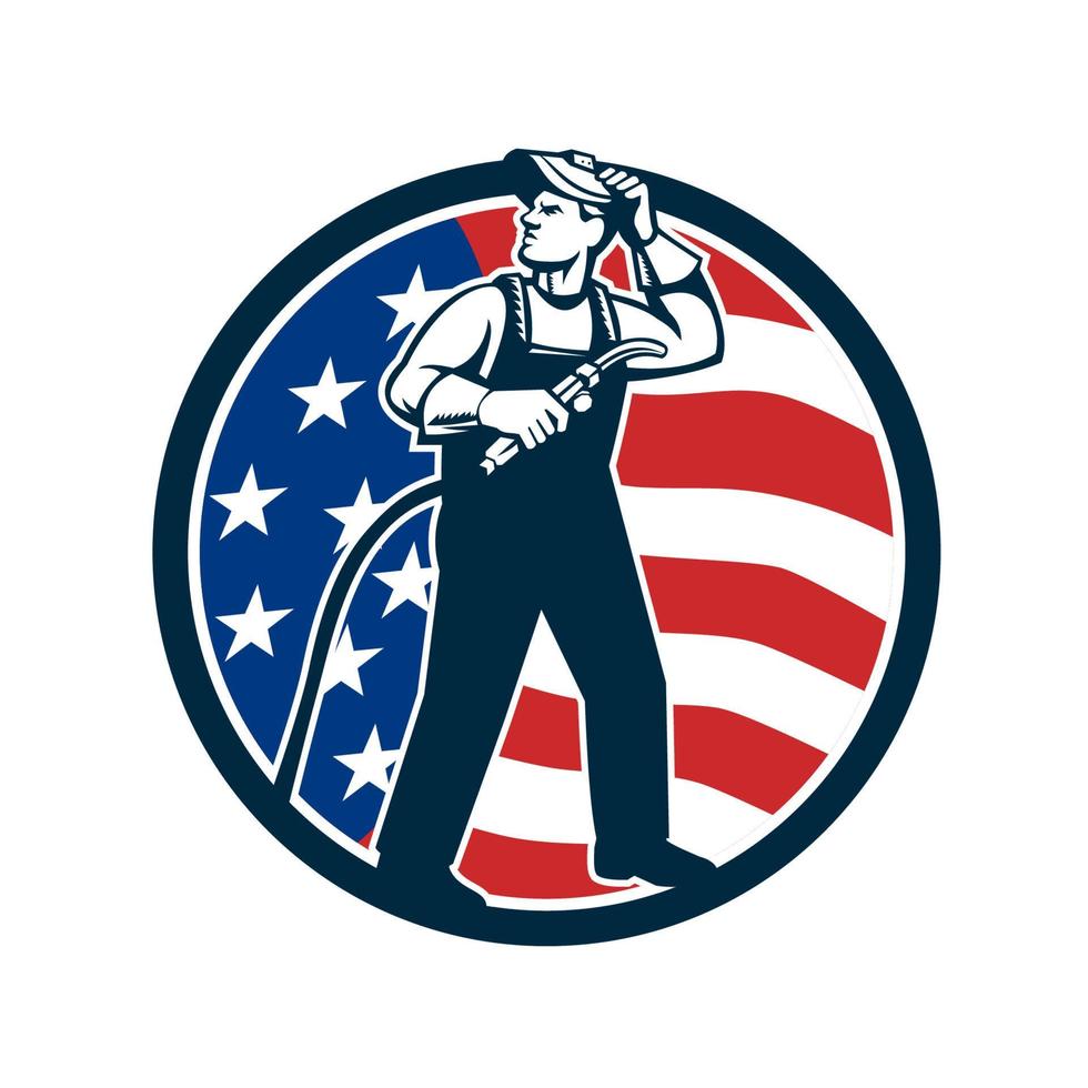 Welder Standing Visor Up USA Flag Circle Retro vector