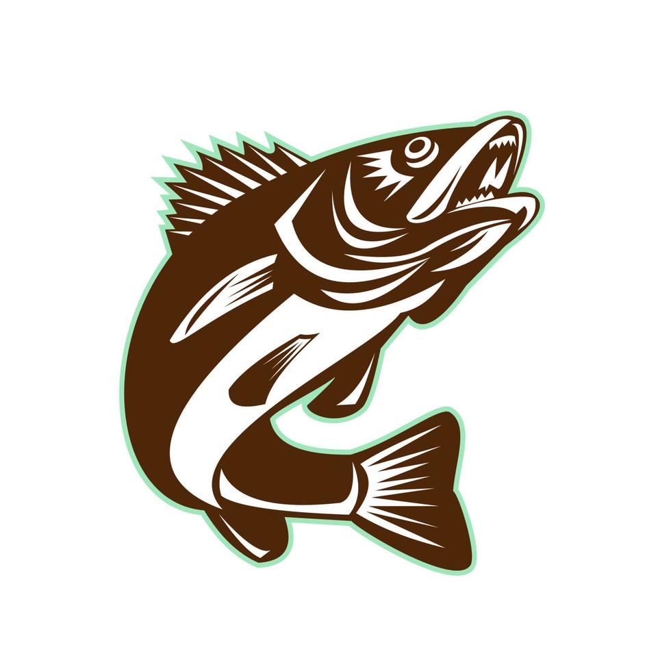 Walleye Fish Jumping Isolated Retro vector