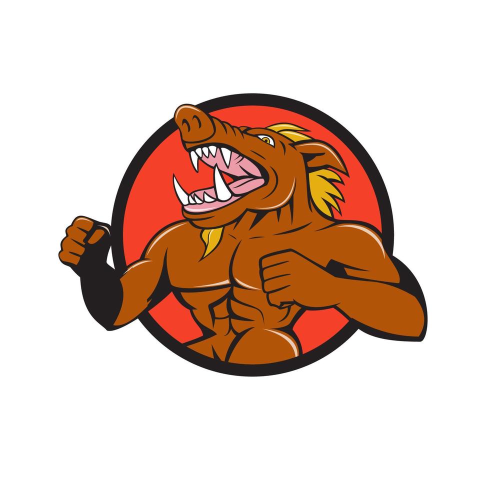 Wild Boar Man Roaring Pumping Chest Circle Cartoon vector