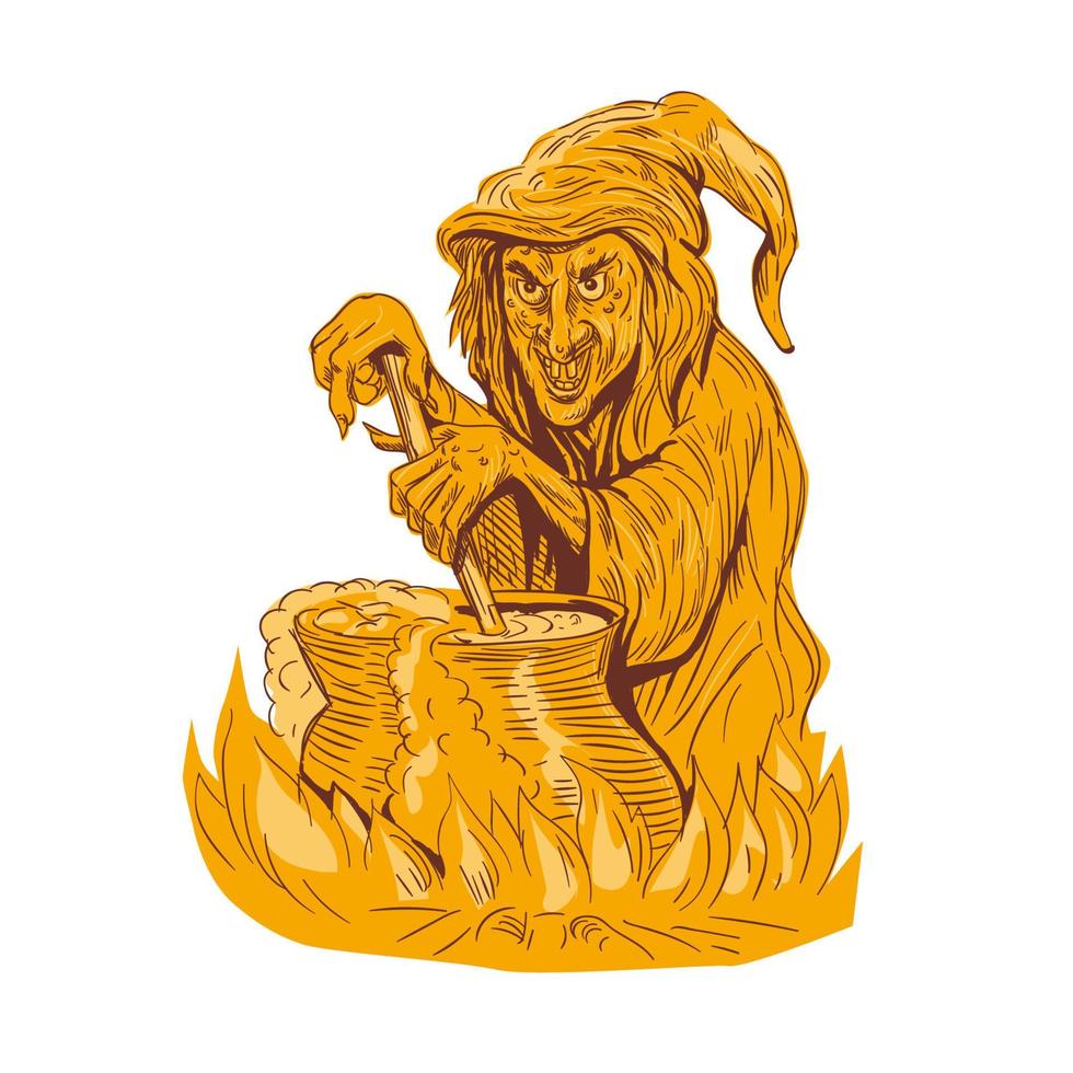 Witch Stirring Brew Pot Drawing vector