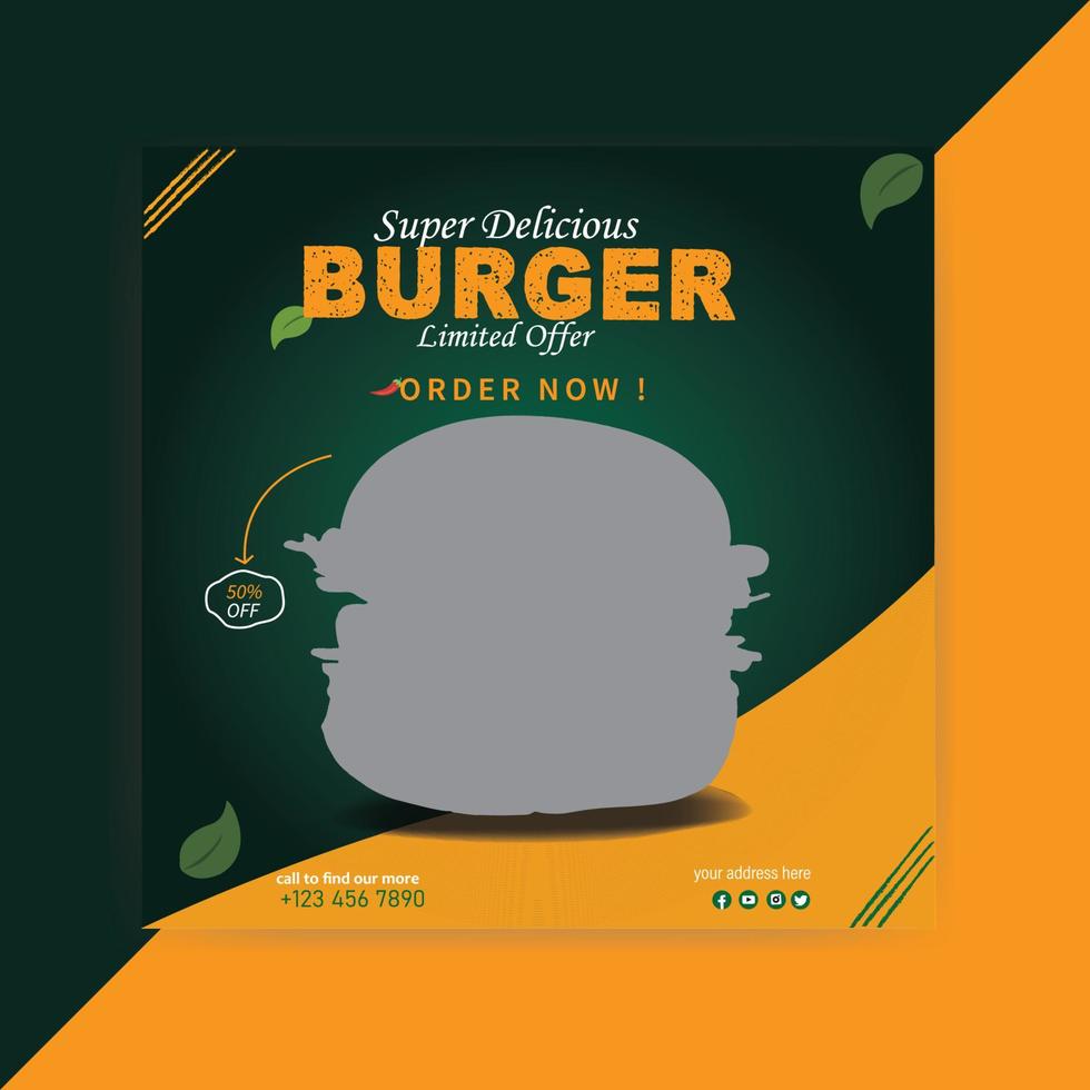 diseño de publicación de redes sociales de hamburguesa súper deliciosa vector