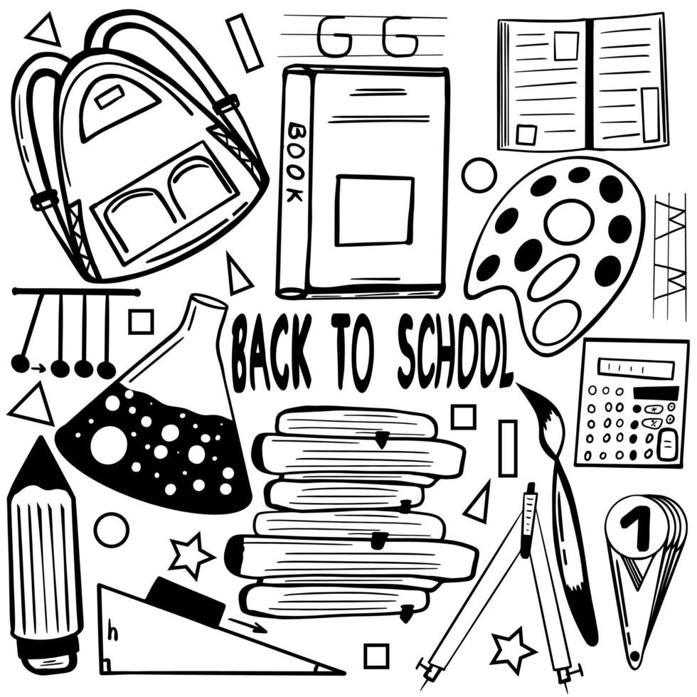 School stationery items on sheet with a blank sheet in the middle,Doodle  line drawing vector illustration.Template for advertising brochure.School  items for study and creativity set,black liner sketch 13178034 Vector Art  at Vecteezy