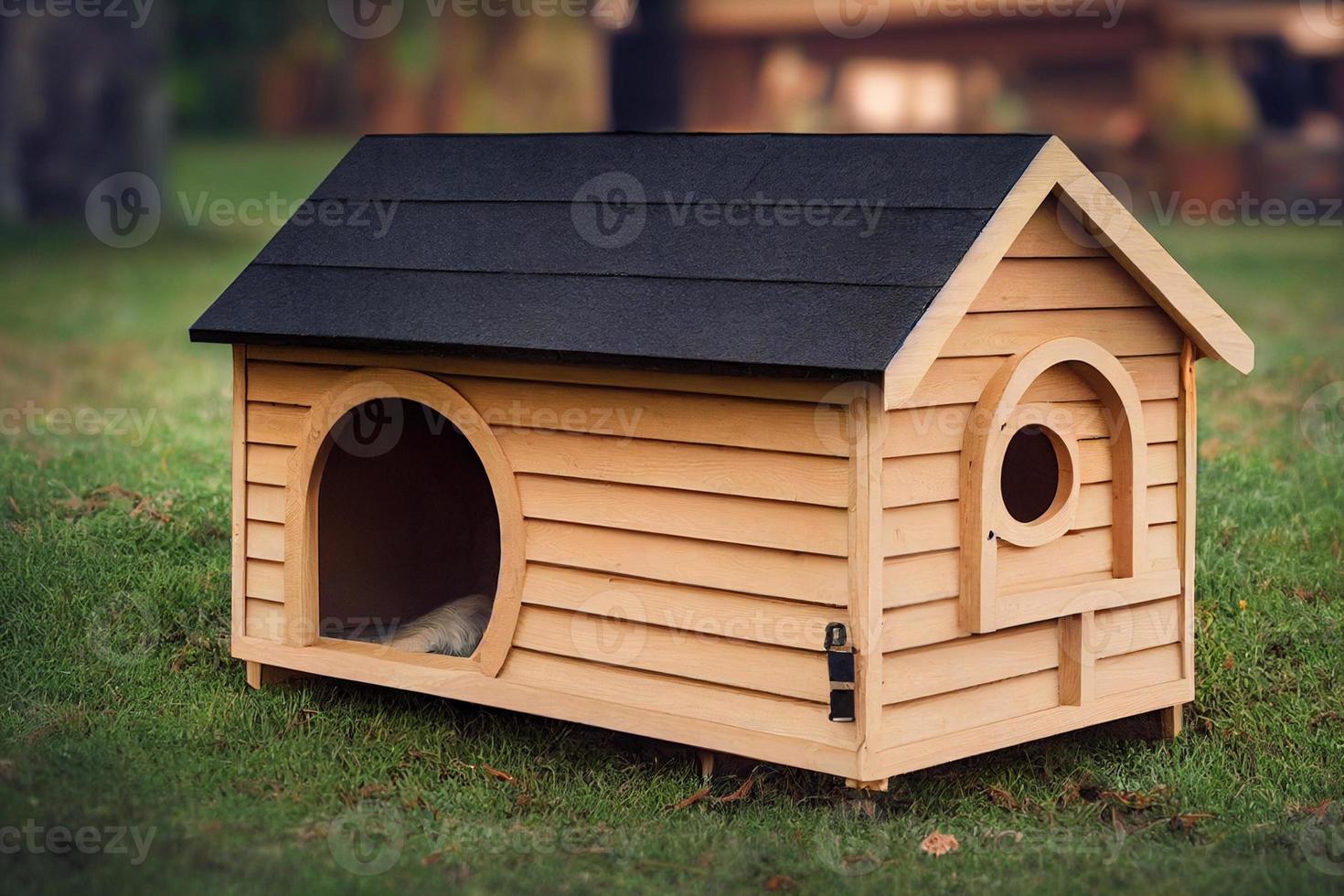 Ilustración 3d de una casa para perros hecha de madera en lo alto de un patio trasero foto