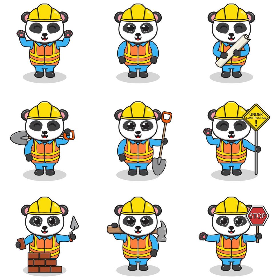 ilustración vectorial del personaje panda en el sitio de construcción. trabajadores de la construcción en diversas herramientas. personajes de panda de dibujos animados con sombrero duro trabajando en el vector del sitio de construcción.