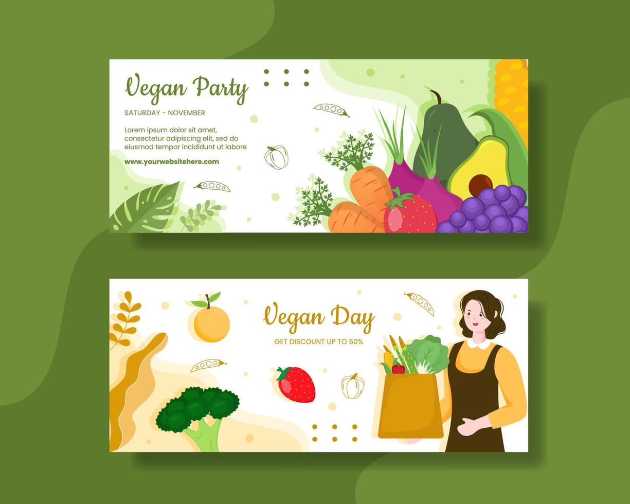 Happy Vegetarian Day or Vegan Horizontal Banner Template Hand Drawn Cartoon Flat Illustration vector