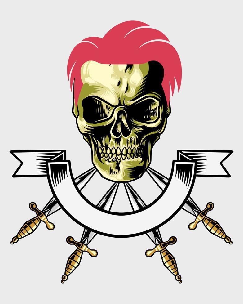 red hair skull logo with knife underneath vector