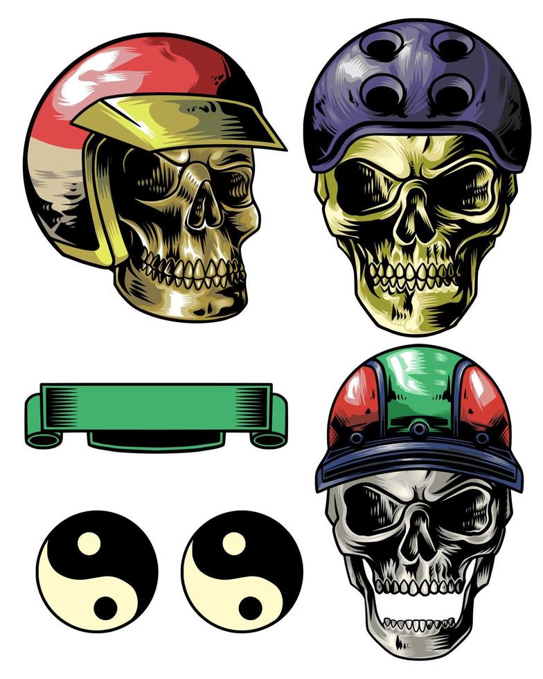 casco de calavera con cinta e ilustración de objetos. vector