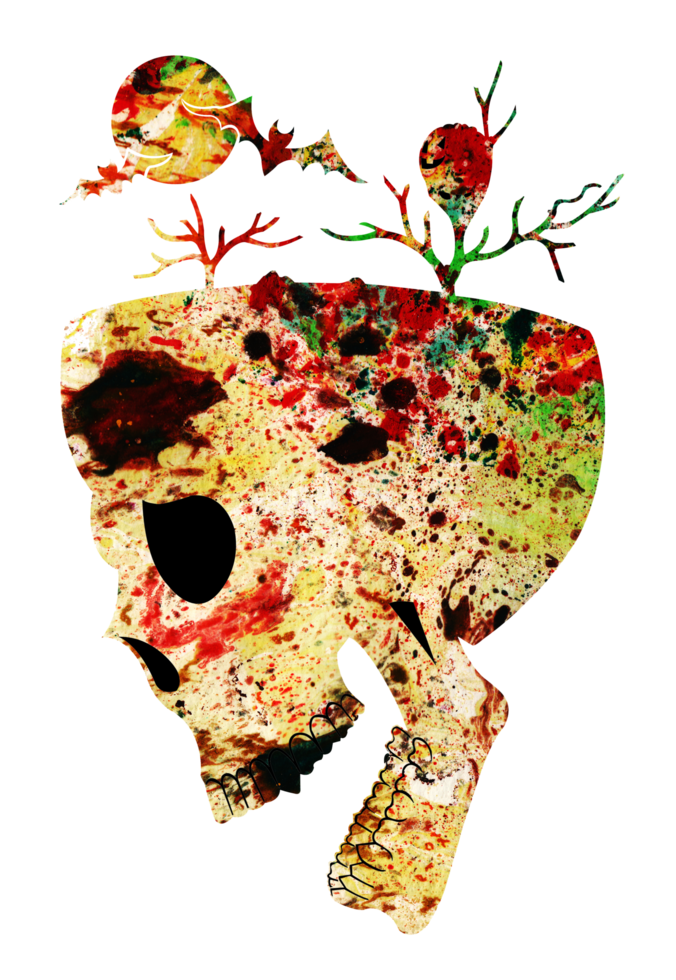 Art abstract mix surreal skull.Hand painting and make graphic. png