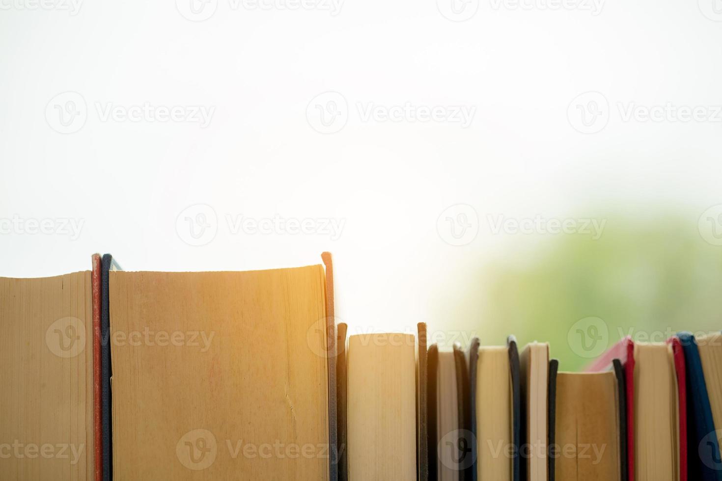 Object education green nature background with stack of ancient books or old bible, open paper book on wooden table with copy space. concept of back to school, research study photo