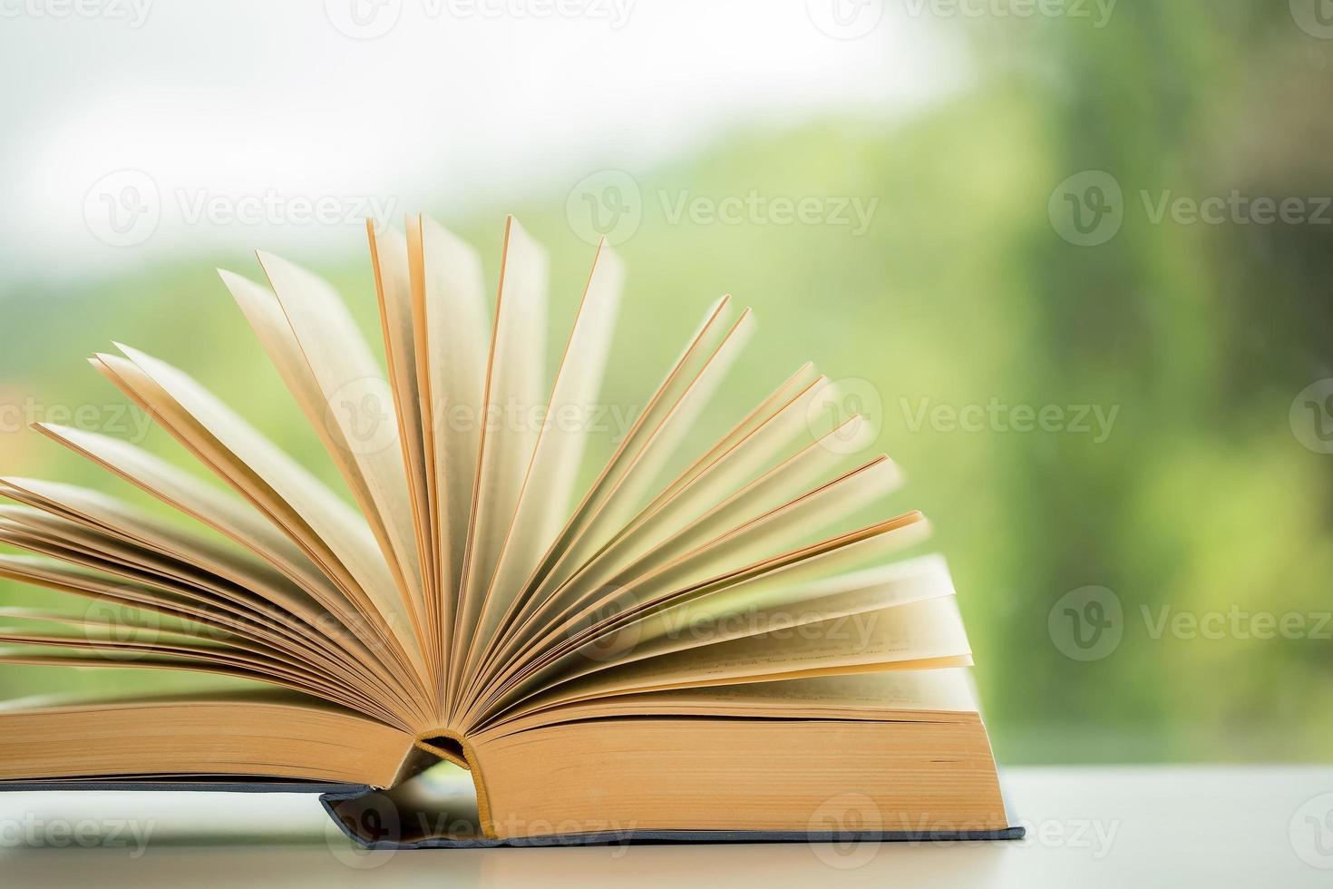 Object education green nature background with stack of ancient books or old bible, open paper book on wooden table with copy space. concept of back to school, research study photo