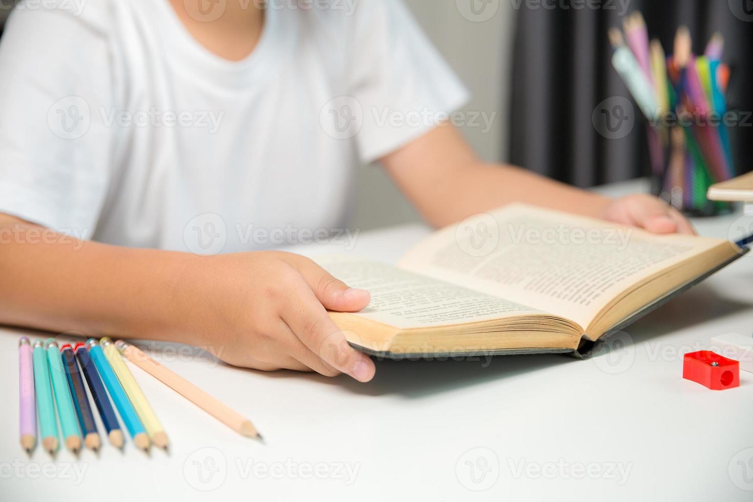 Boy person sitting study indoor at home, Male kid student online learning and doing homework on desk, young child reading and writing a book on table. concept of education, technology cyberspace photo