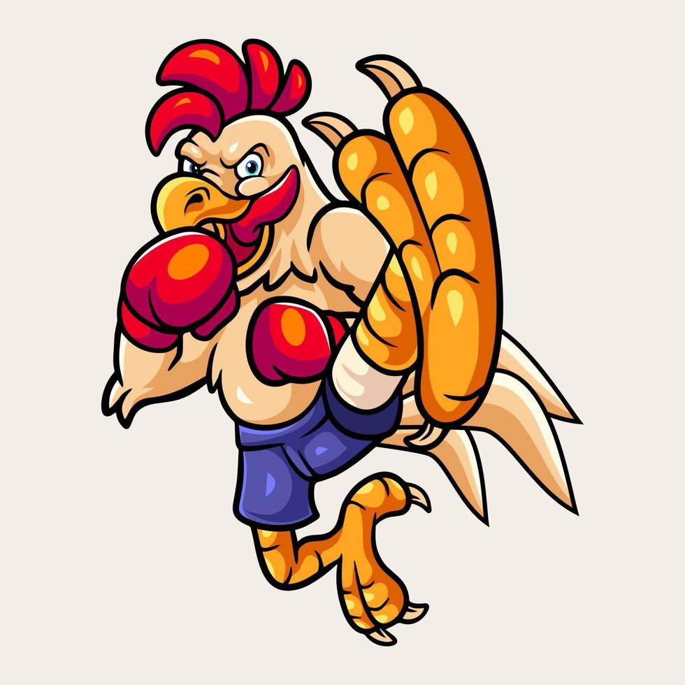 cartoon fighter boxing rooster kicking vector