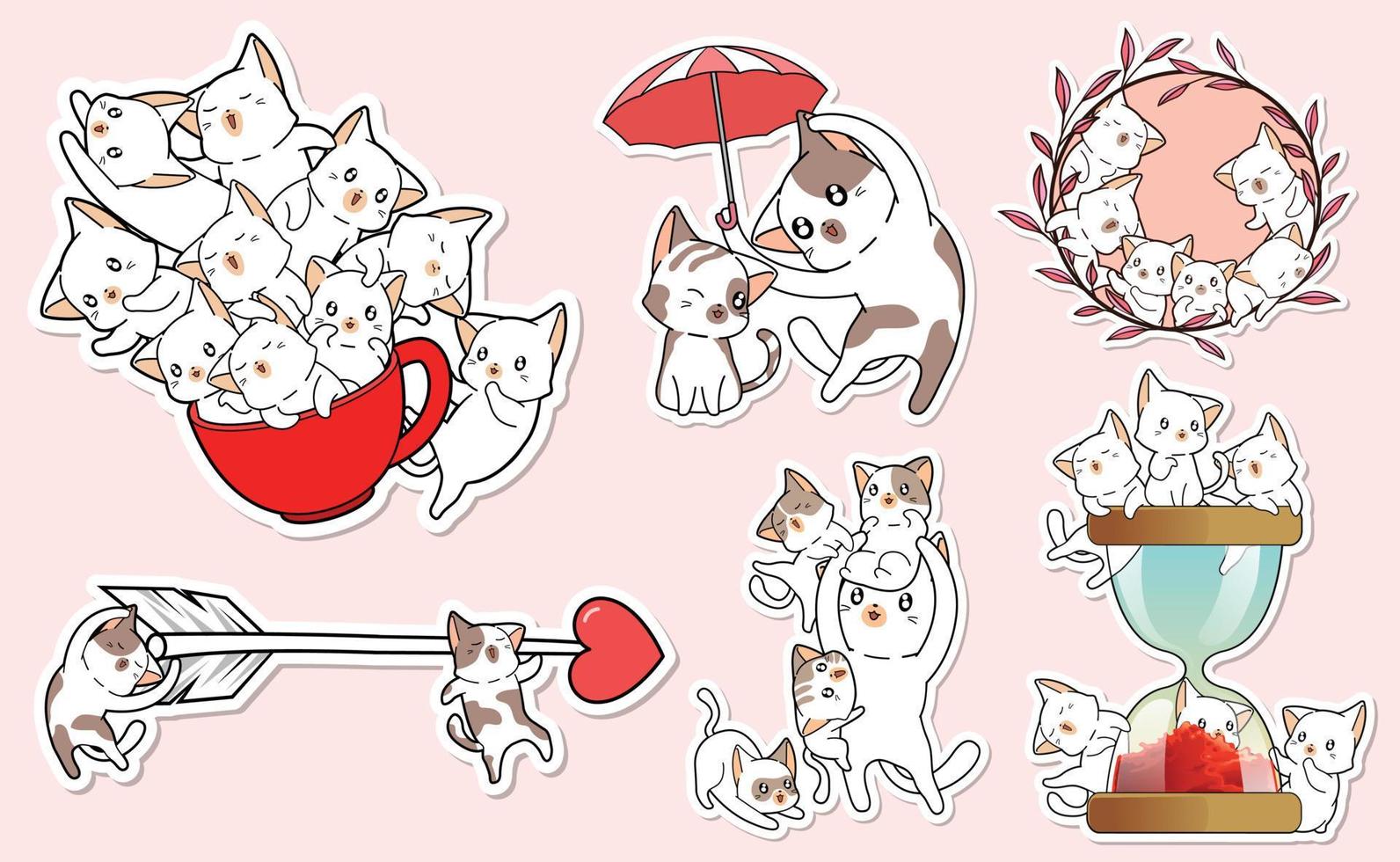 colección de dibujos animados de pegatinas de personajes de gatitos vector