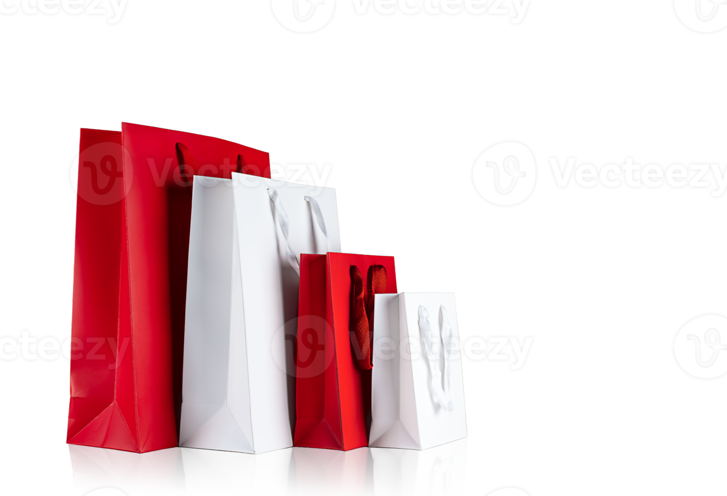 Various sizes of holiday shopping gift bags on isolated background PNG. Red and white color png