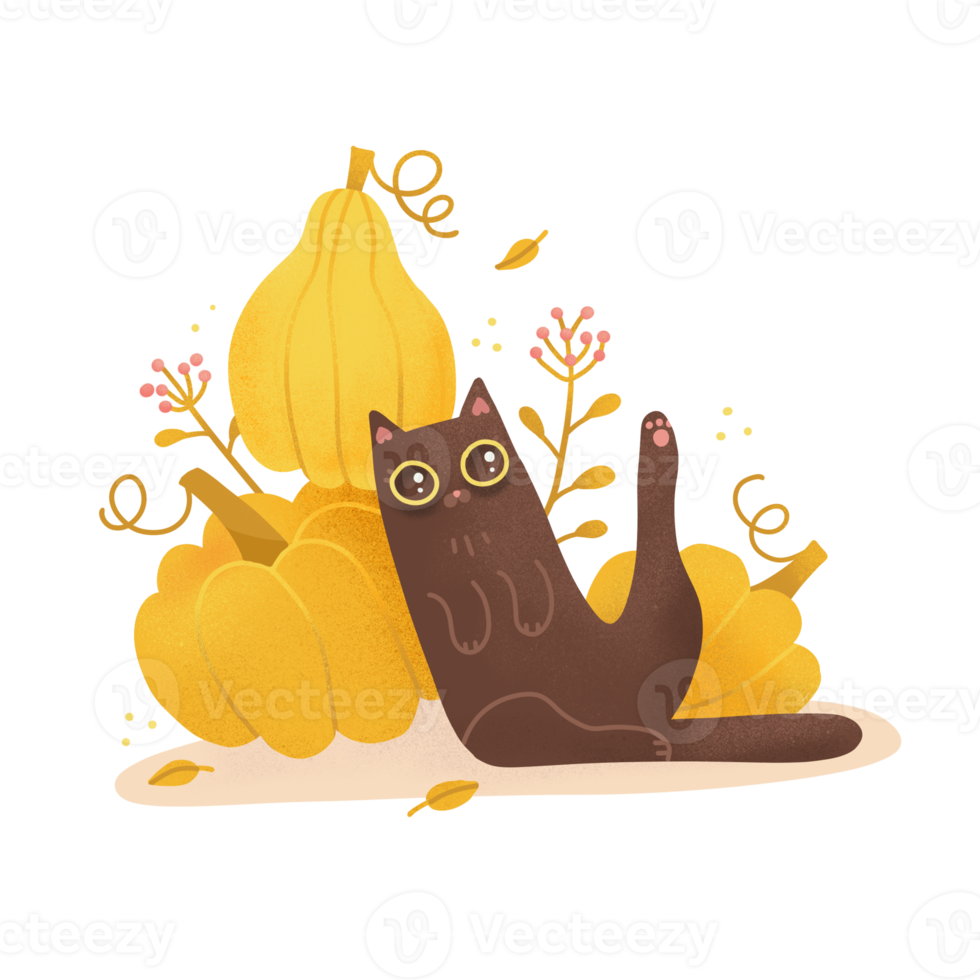 Cartoon black cat sitting with pumpkins. Funny kitty with big yellow eyes sits near a big pumpkin. isolayed concept with autumn leaves and leaf fall. Flat raster textured hand drawn illustration. png