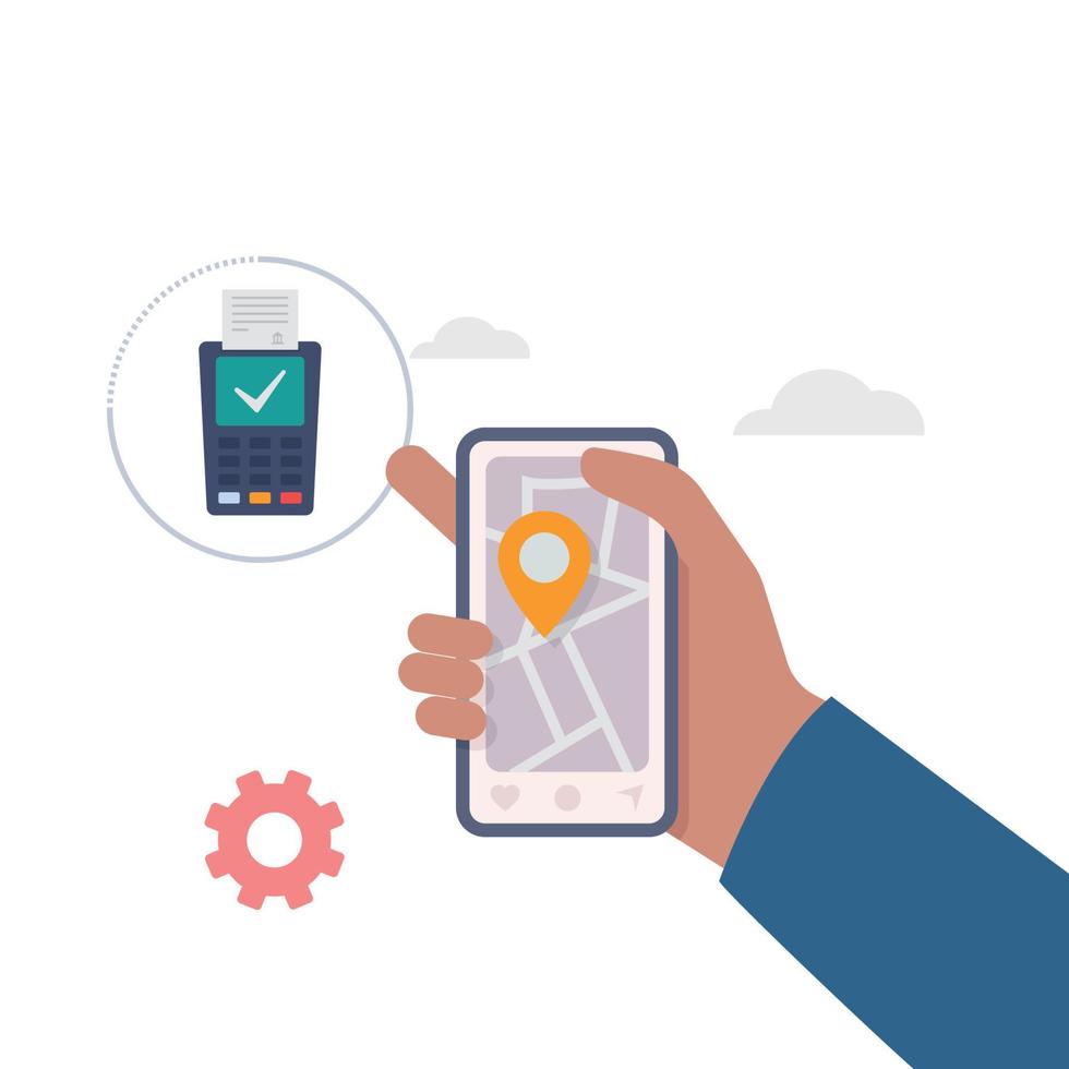 Hand holding mobile with mobile application atm search illustration. vector