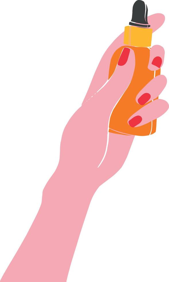 la mano de una mujer sostiene una botella de suero hidratante. mano con manicura roja y producto cosmético. ilustración vectorial aislada. objeto aislado. producto cosmético vector