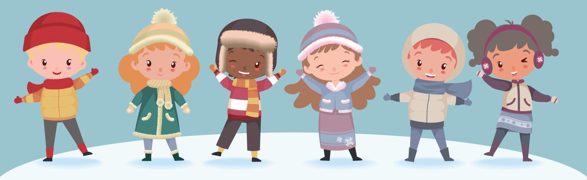 Cute kids in warm winter clothes vector