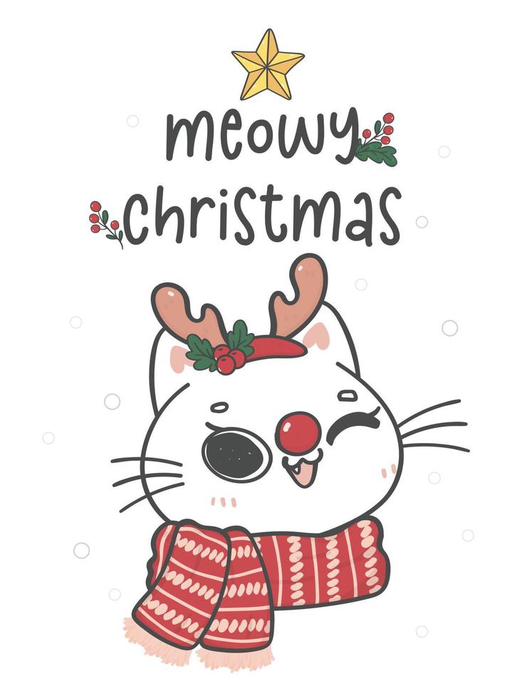 cute white kitten cat smileing wears winter scarf and reindeer antlers, meowy chirstmas, cartoon doodle animal hand drawn vector