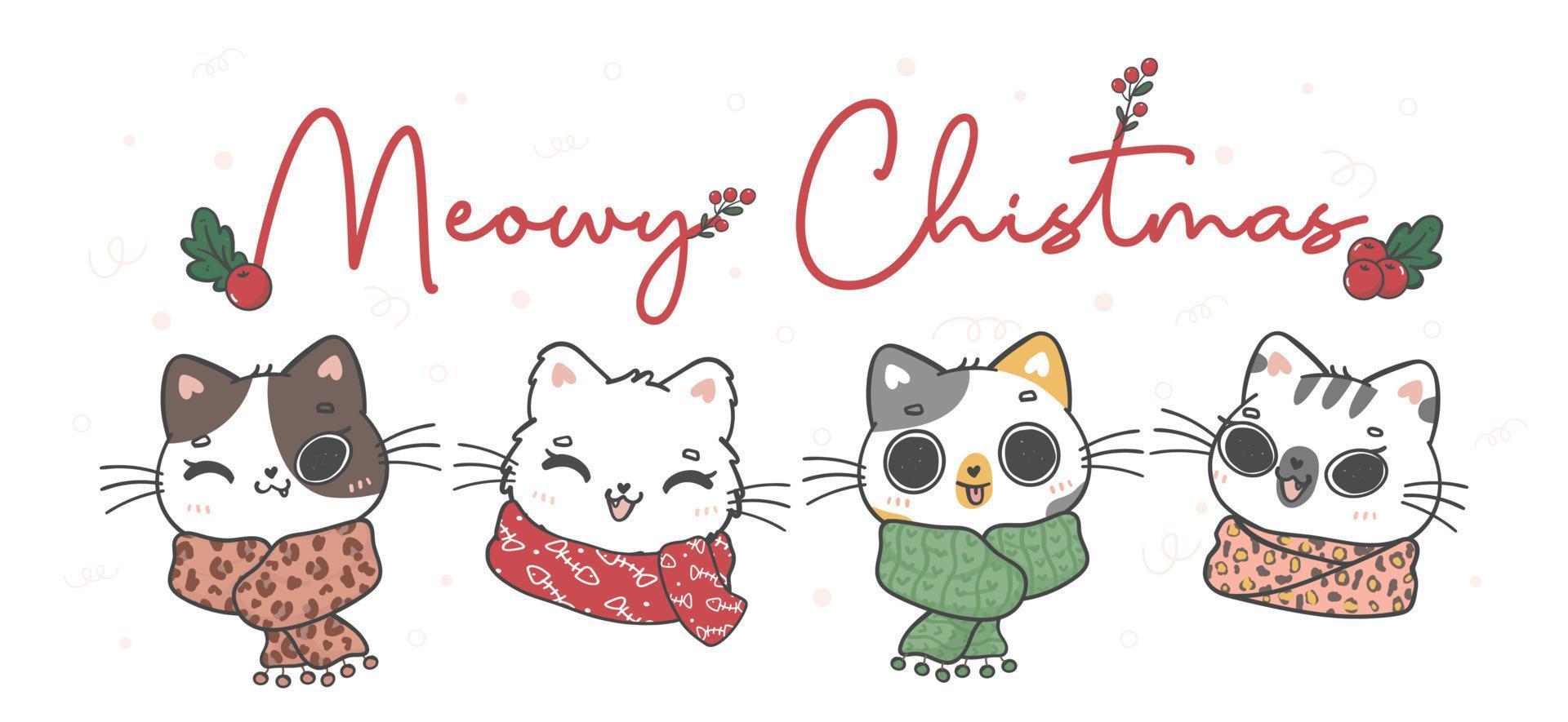 cute Christmas kitten cat with winter scarf animal doodle cartoon drawing, Illustration banner background vector