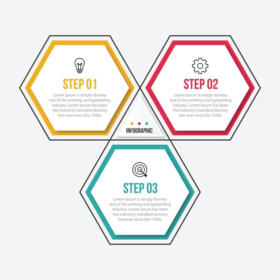 hexagonal style three steps business infographic template vector