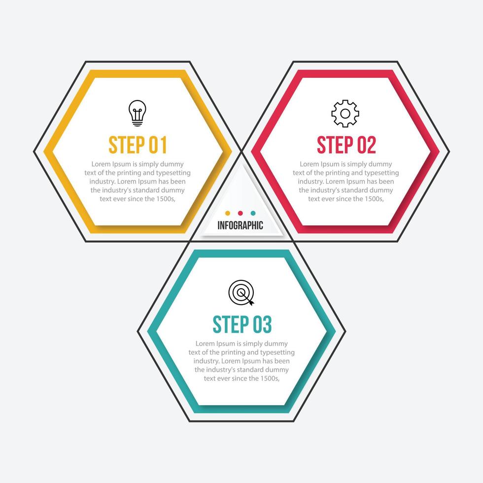 plantilla de infografía empresarial de tres pasos de estilo hexagonal vector