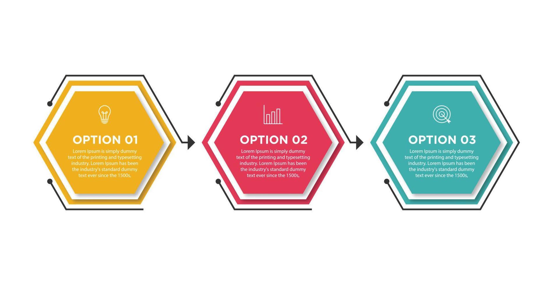 hexagonal style three steps business infographic template vector