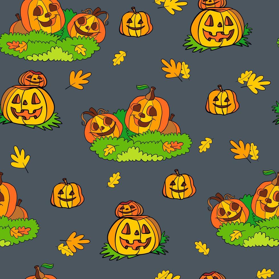 Seamless pattern of Halloween with Cute Pumpkins and grass vector