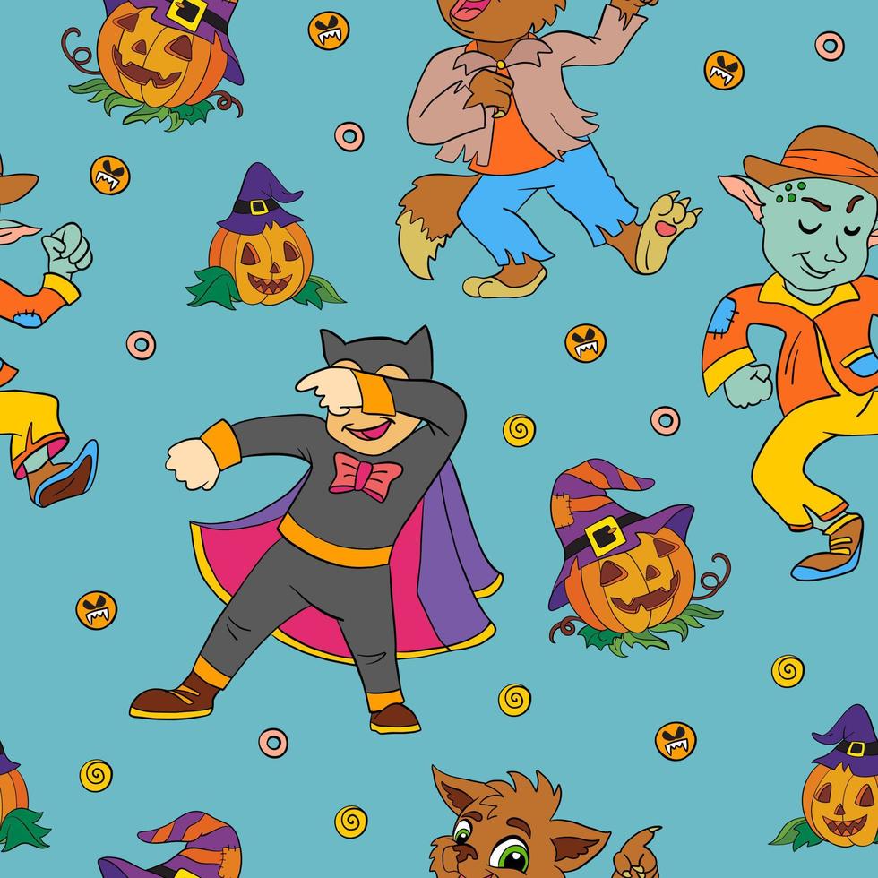 seamless, patrón, de, halloween, con, lindo, bailando, niños, monstruos vector