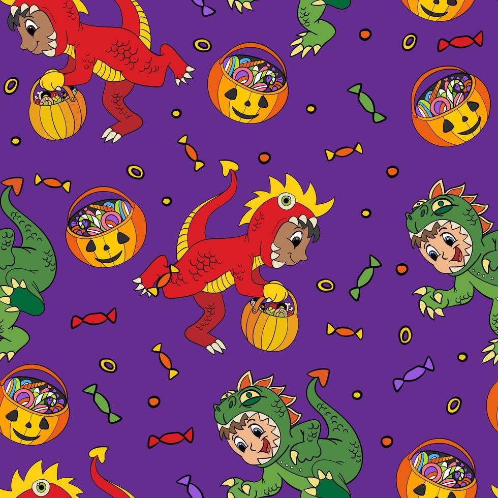 seamless, patrón, de, halloween, con, lindo, bailando, dinosaurios vector