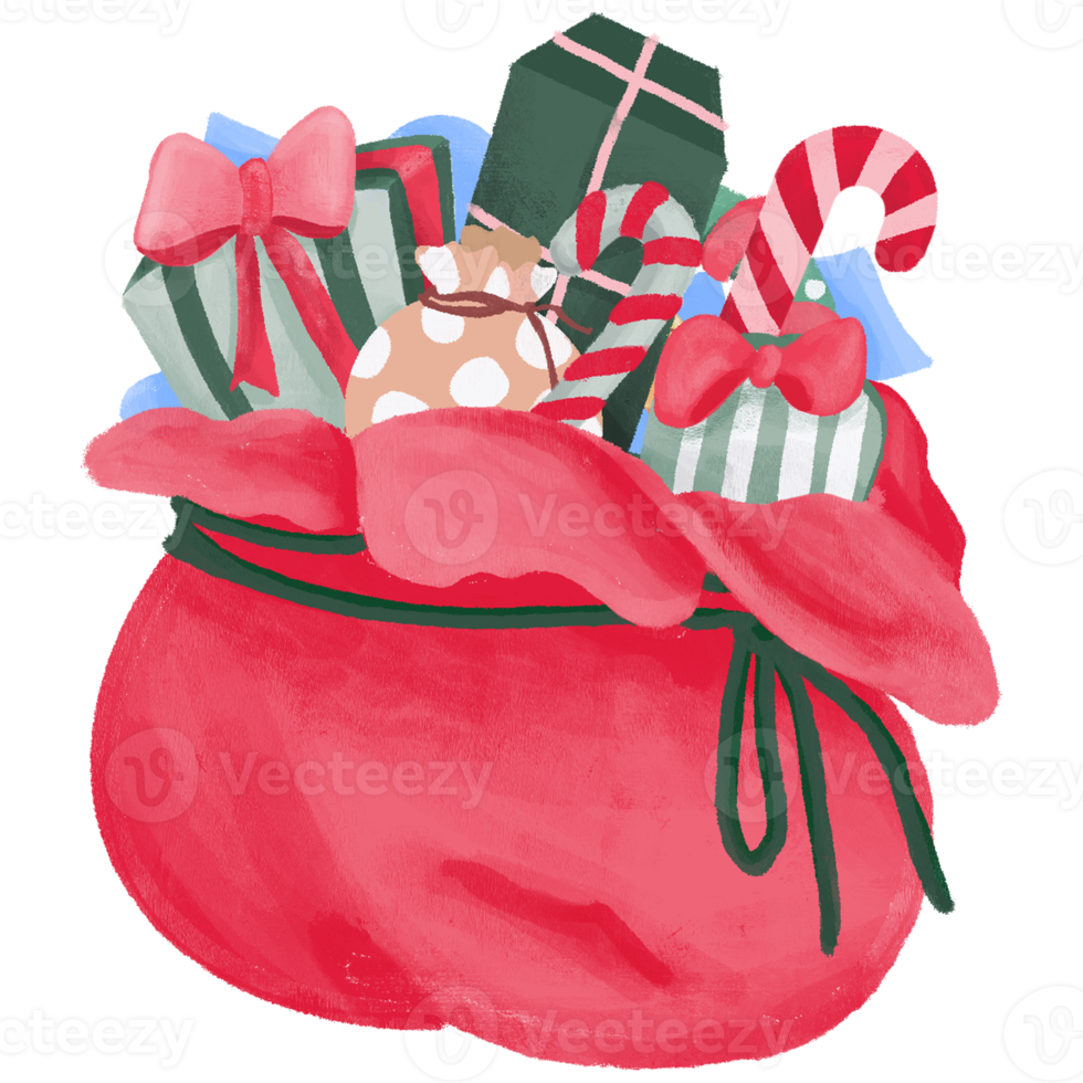 hand gezeichnete weihnachtstasche gefüllt mit geschenkboxen in kreideartillustration png