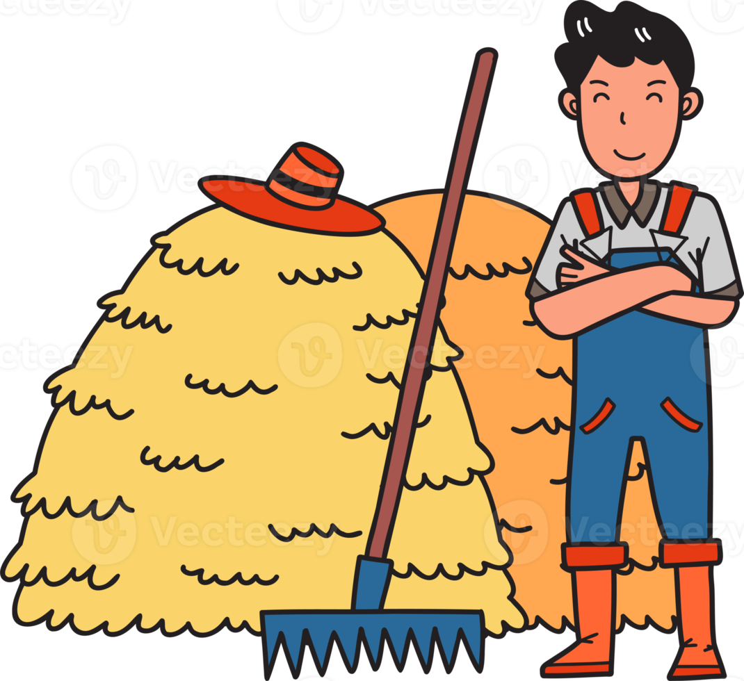 Hand Drawn A farmer stands next to a heap of straw illustration png