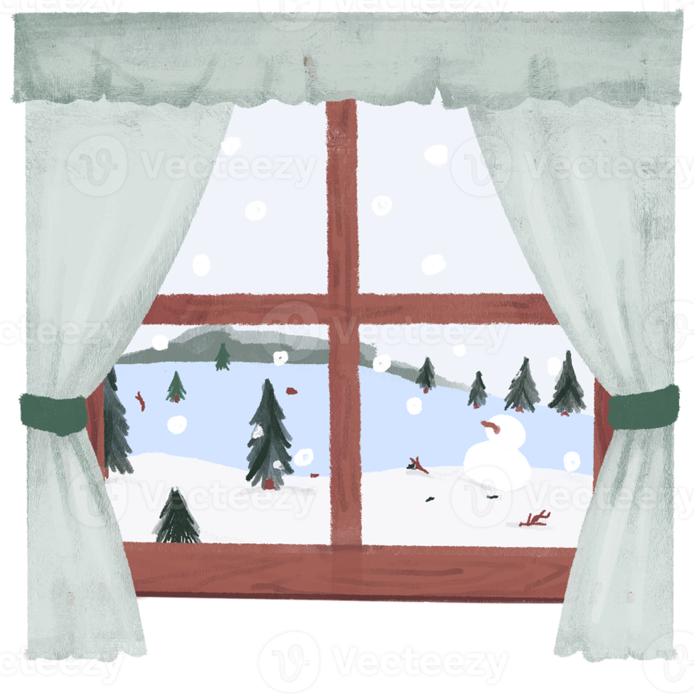 Hand Drawn Christmas landscape looking through the window in chalk style illustration png