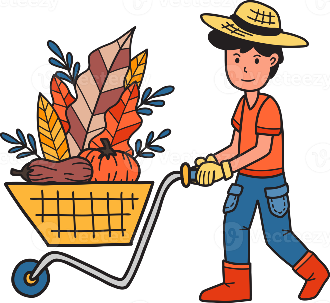 granjero masculino dibujado a mano empujando ilustración de carrito de verduras y frutas png