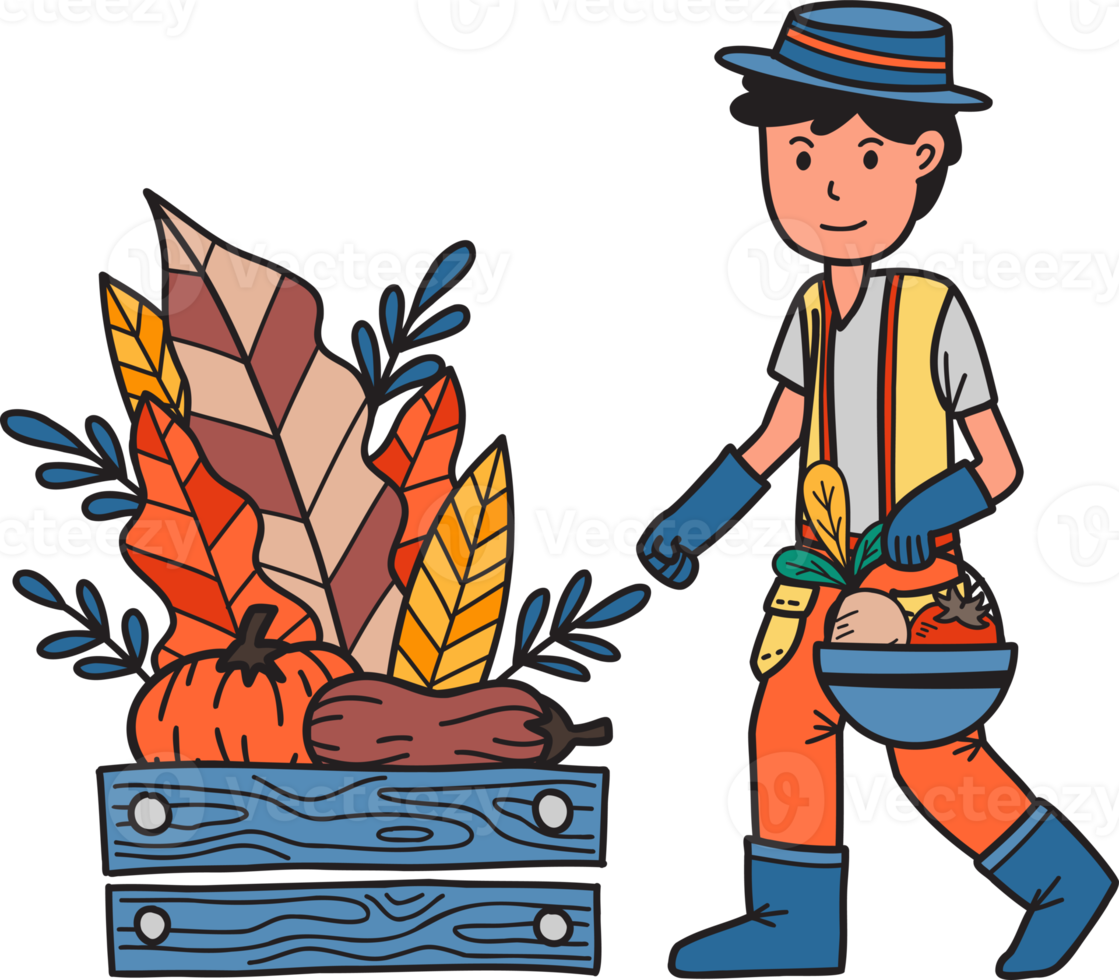 Hand Drawn male farmer holding a basket of fruits and vegetables illustration png