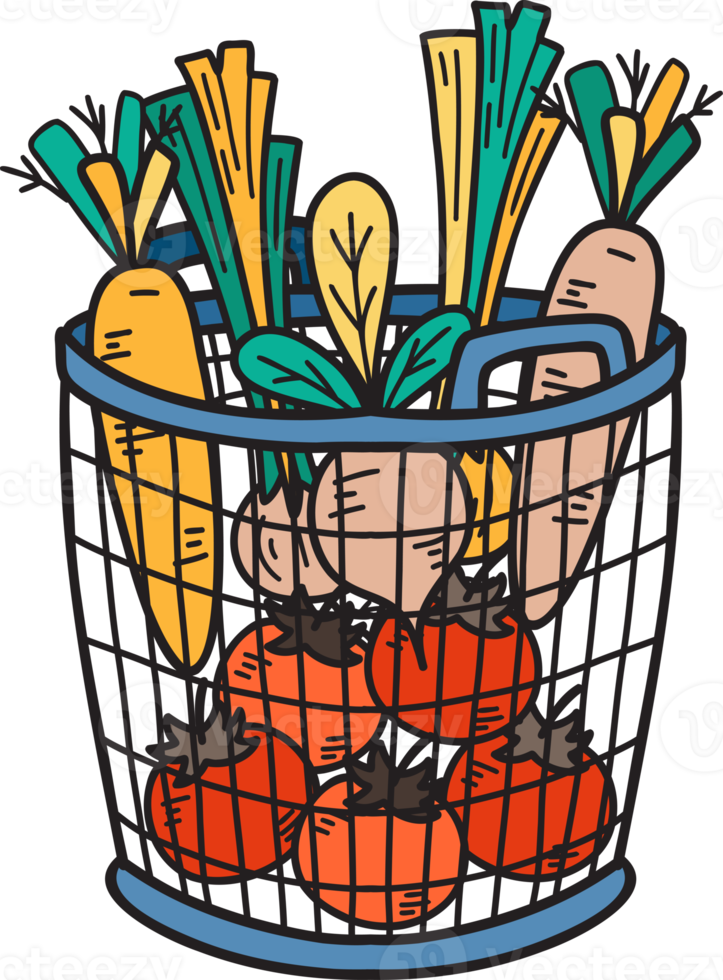 cesta dibujada a mano con frutas y verduras dentro de la ilustración png