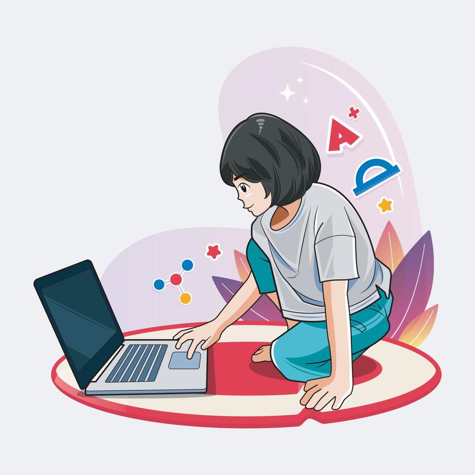 una niña pequeña es feliz haciendo educación en línea vector ilustración pro descargar