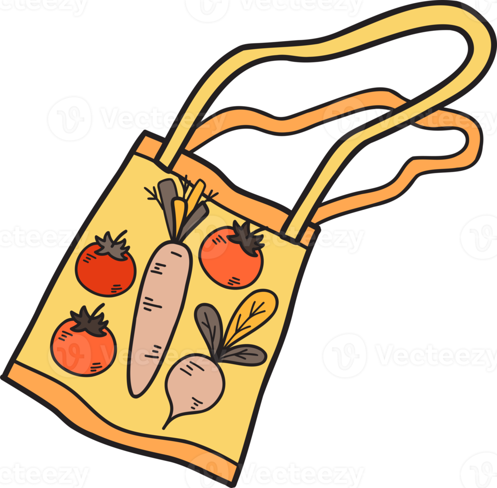 sac dessiné à la main avec des fruits et légumes à l'intérieur de l'illustration png