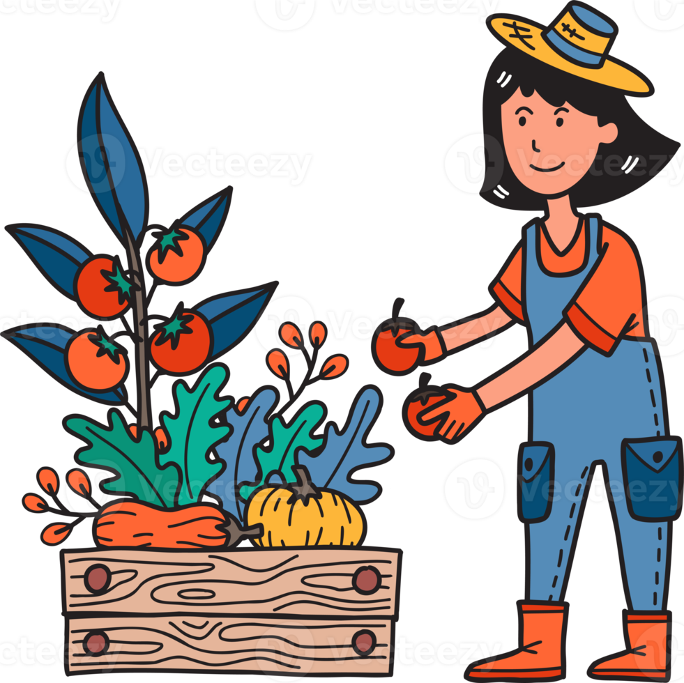 agricultrice dessinée à la main cueillant des fruits et légumes illustration png