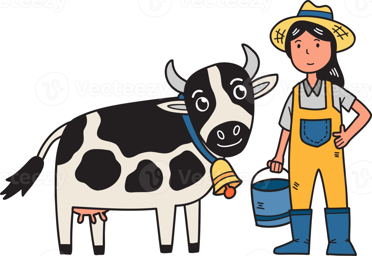 Hand Drawn woman farmer standing next to cow illustration png