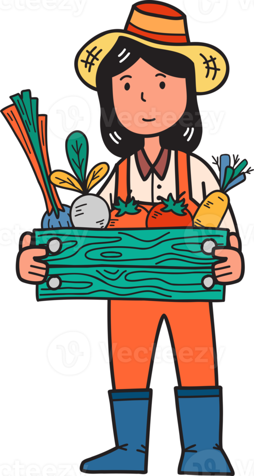 Hand Drawn female farmer holding a basket of vegetables illustration png