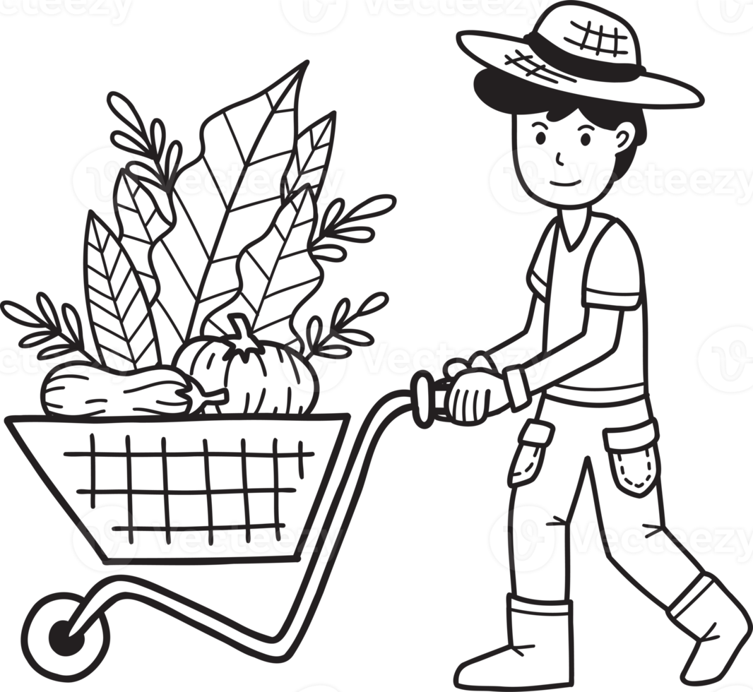 Hand Drawn Male farmer pushing vegetables and fruits cart illustration png