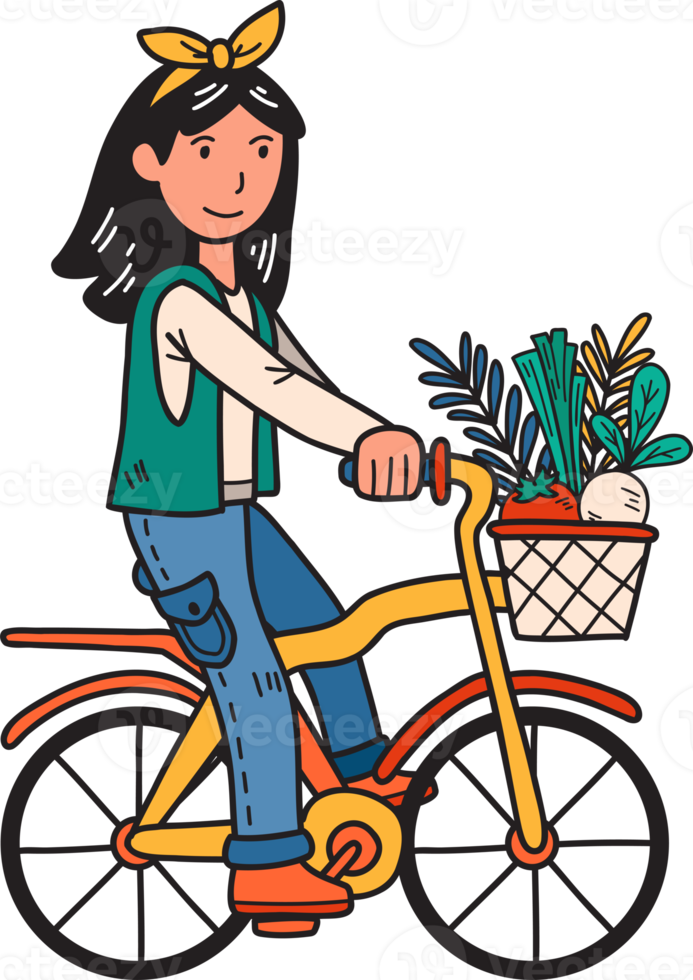 hand- getrokken vrouw rijden een fiets met groenten en fruit in een mand illustratie png