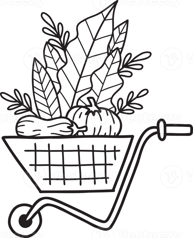 fruits et légumes dessinés à la main sur l'illustration du chariot png