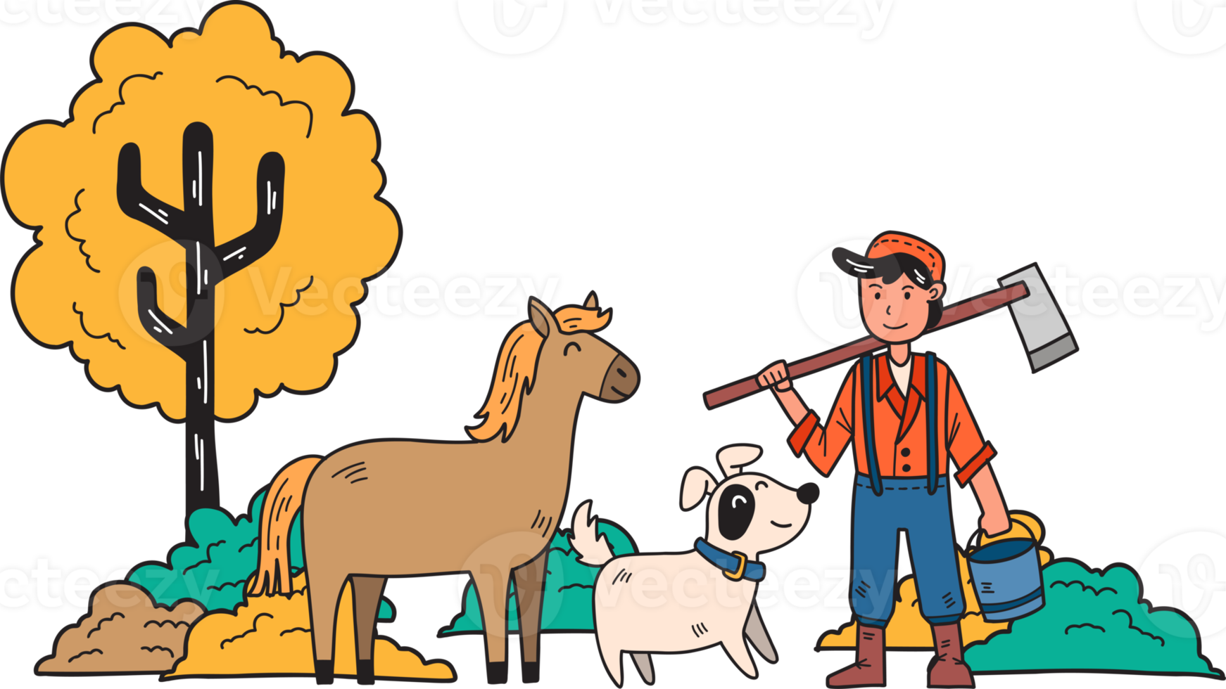 agriculteur dessiné à la main debout dans une ferme avec illustration de cheval et de chien png