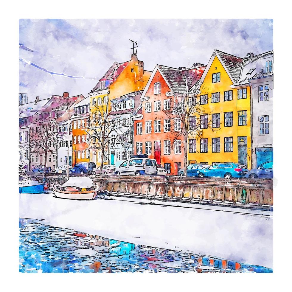 Copenhagen Denmark Watercolor sketch hand drawn illustration vector