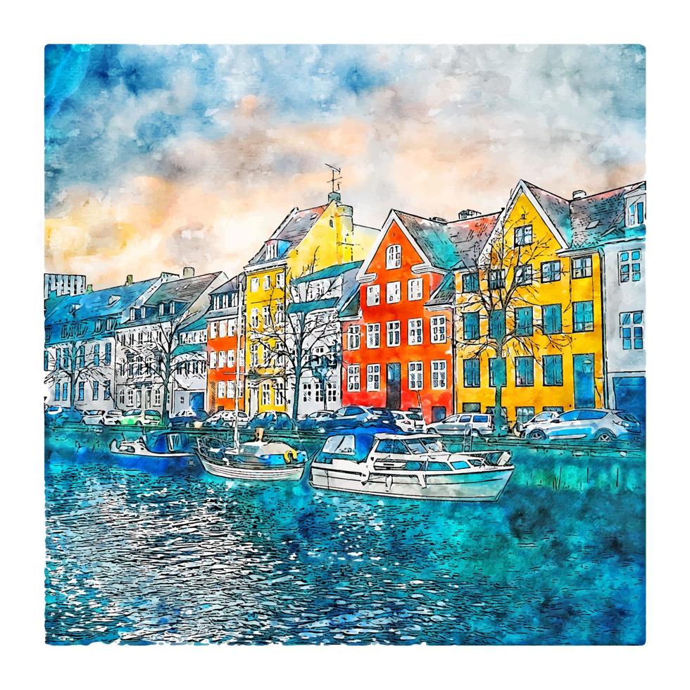 Copenhagen Denmark Watercolor sketch hand drawn illustration vector