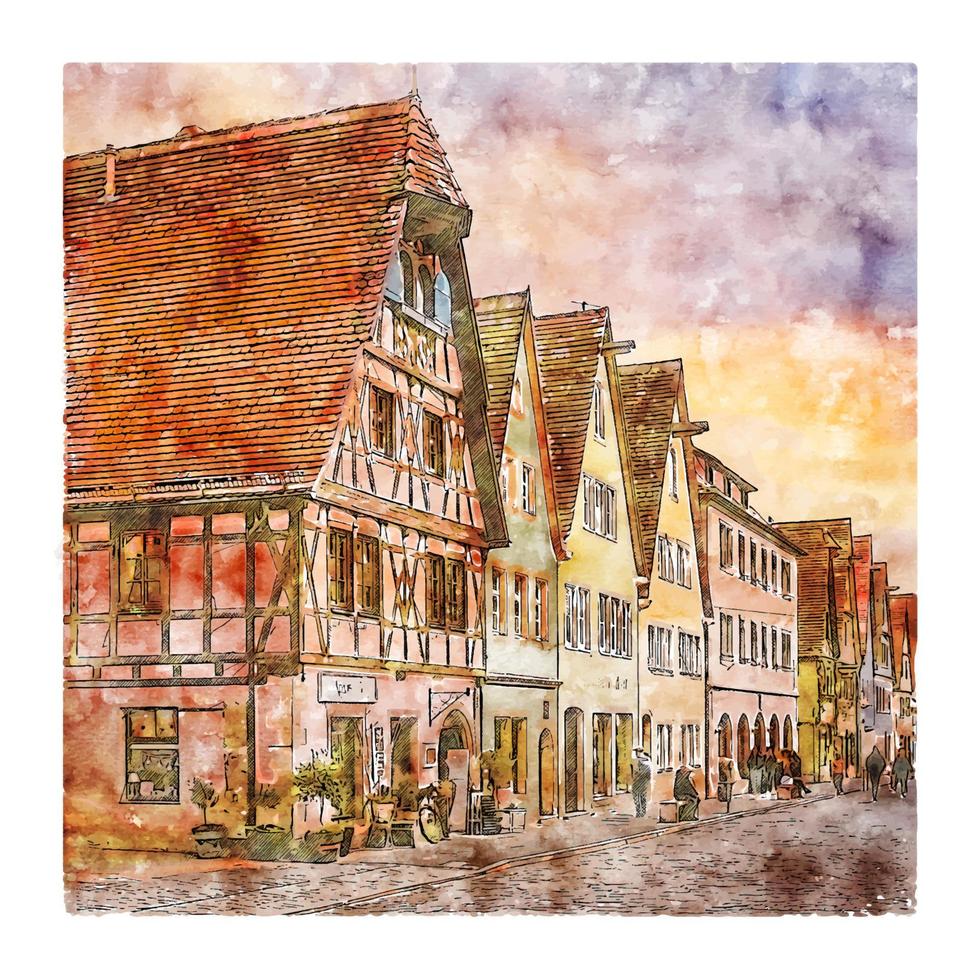 rothenburg alemania acuarela boceto dibujado a mano ilustración vector