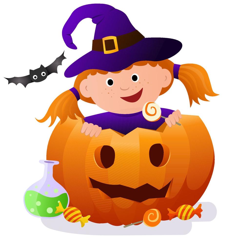 Halloween illustration with a cute witch girl. Cute girl in a witch hat inside a pumpkin . Illustration for a card or post. Vector illustration